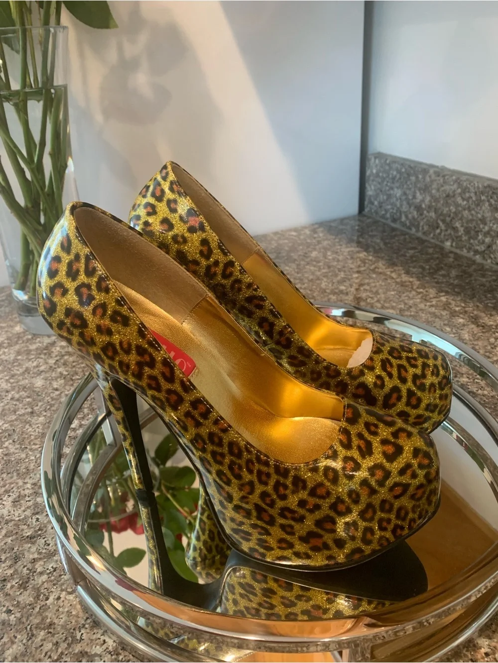 Pleaser Leopard Platform Pump in Gold and Brown